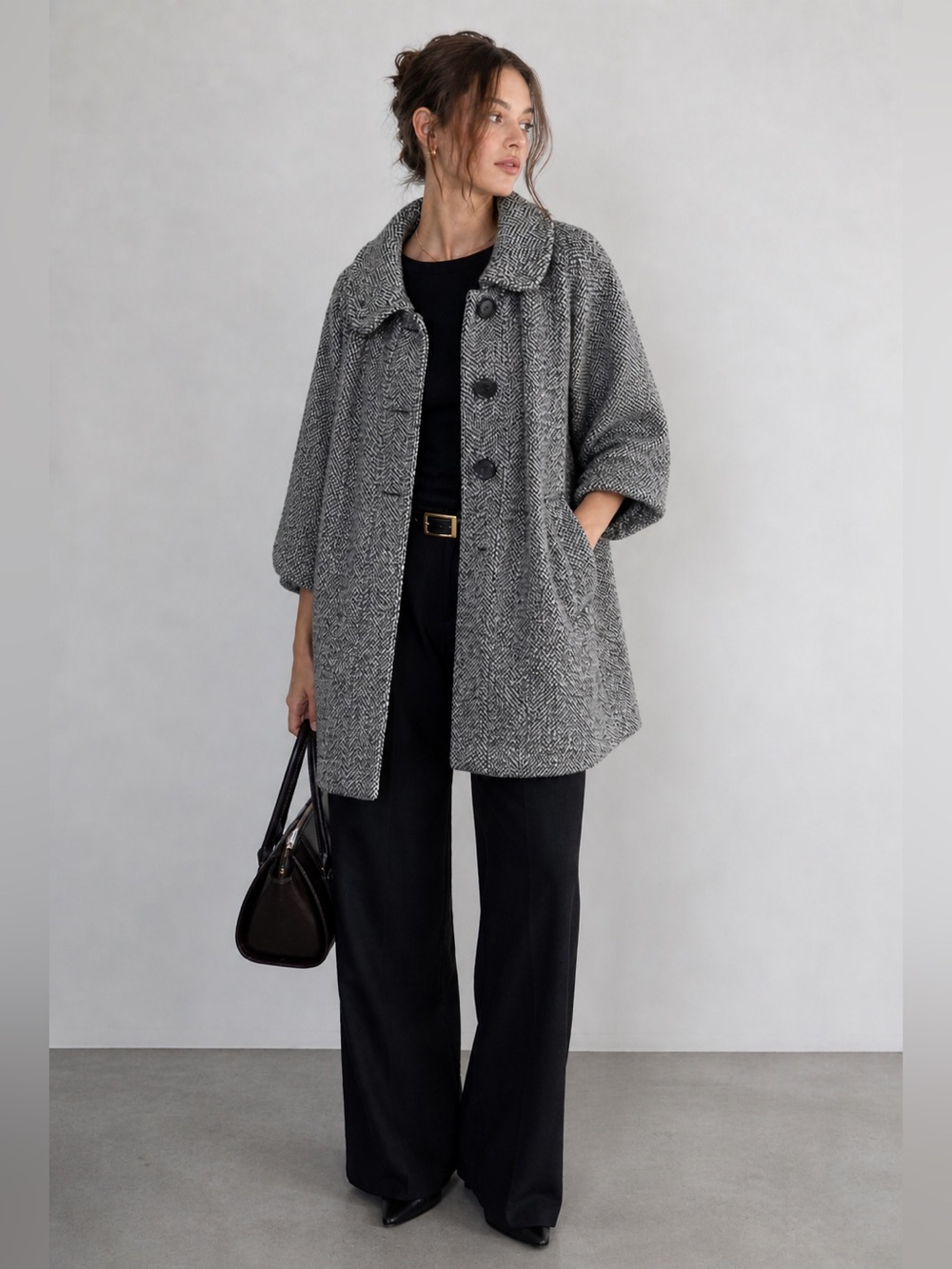 French Connection Jackie Kennedy Black & White Herringbone Pea Coat